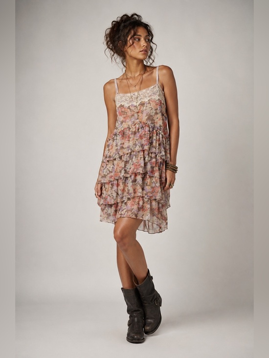 Free people Dresses & Skirts - Free People Floral Lace Tiered Ruffle Mini Dress Fairy Grunge Boho L